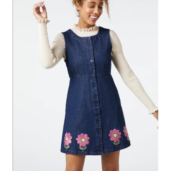 Princess Highway Dress Womens Size 16 Blue Denim Embroidered Flowers 70s Hippie - Picture 1 of 9